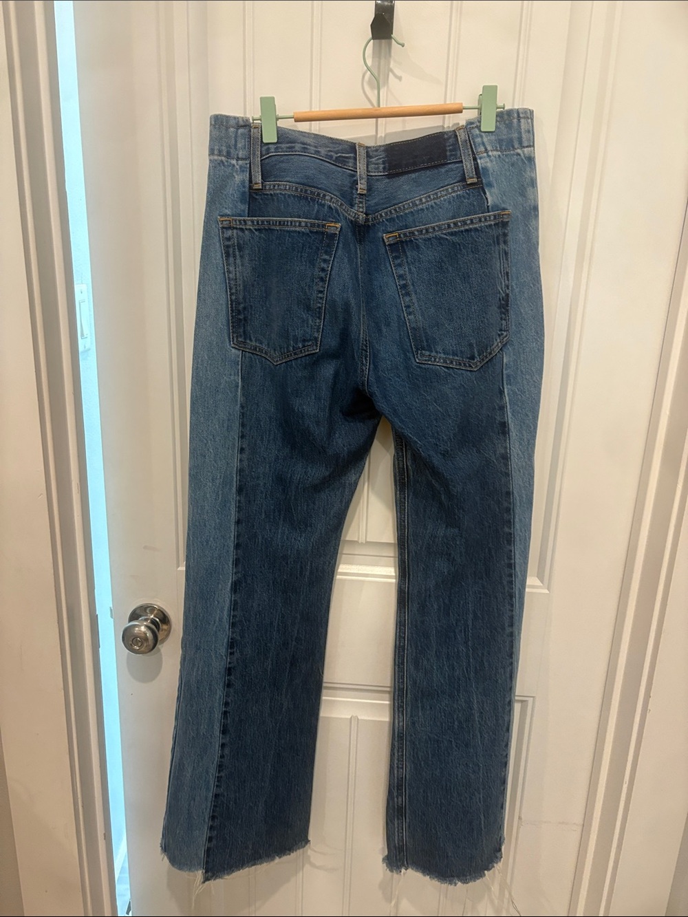 ÉTICA Two Tone Contrast Panel Wide Leg Jeans Raw Hem Side Slit - Picture 3 of 3